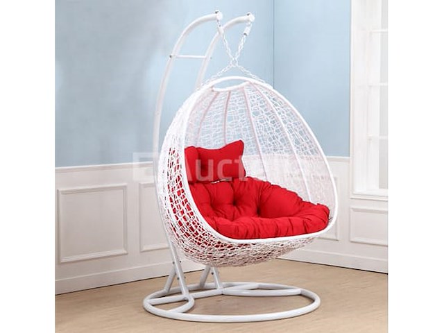 Hangstoel dubbel: 2 persoons 130 cm breed -hoogte 200 cm - wit frame / rode kussens - afbeelding 1 van  3