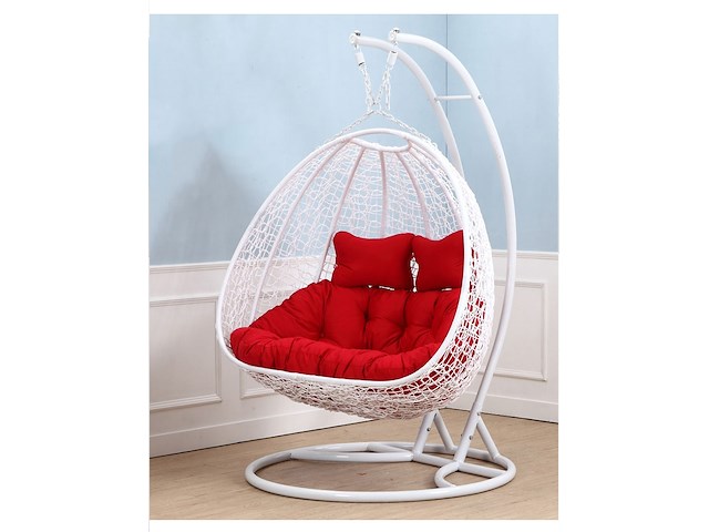 Hangstoel dubbel: 2 persoons 130 cm breed -hoogte 200 cm - wit frame / rode kussens - afbeelding 2 van  3