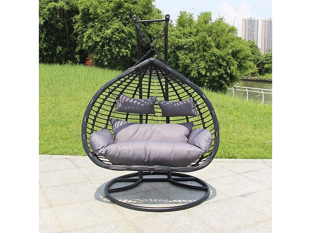 Hangstoel dubbel: 2 persoons 135 cm breed - hoogte 197 cm - zwart frame / grijze kussens - afbeelding 4 van  5