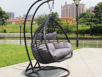 Hangstoel dubbel: 2 persoons 135 cm breed - hoogte 197 cm - zwart frame / grijze kussens - afbeelding 5 van  5