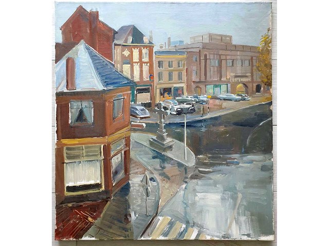 Hans hansen - stadsgezicht met kruis - olie op doek - 70x60 cm - afbeelding 1 van  4