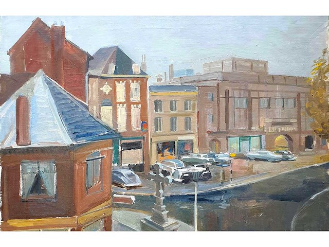 Hans hansen - stadsgezicht met kruis - olie op doek - 70x60 cm - afbeelding 2 van  4
