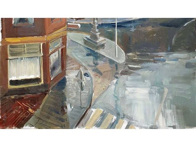 Hans hansen - stadsgezicht met kruis - olie op doek - 70x60 cm - afbeelding 3 van  4