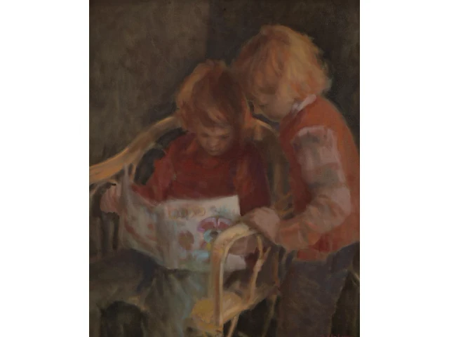 Hans kitslaar (1944), two children reading, oil on canvas 100 x 80 cm. (39.36 x 31 1/2 in.), frame: 127 x 106 cm. (50 x 41.72 in.) - afbeelding 1 van  5