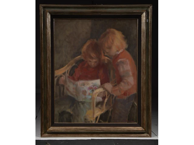 Hans kitslaar (1944), two children reading, oil on canvas 100 x 80 cm. (39.36 x 31 1/2 in.), frame: 127 x 106 cm. (50 x 41.72 in.) - afbeelding 2 van  5