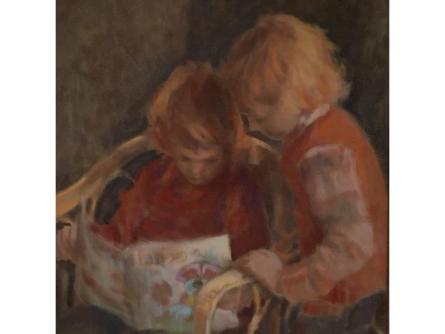 Hans kitslaar (1944), two children reading, oil on canvas 100 x 80 cm. (39.36 x 31 1/2 in.), frame: 127 x 106 cm. (50 x 41.72 in.) - afbeelding 5 van  5