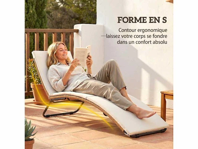 Hars zonneligstoel, tuinligstoel, s-vormig ontwerp, natuurlijke kromming, stevige structuur, staal, kussen, crèmekleurig ontwerp - afbeelding 4 van  7