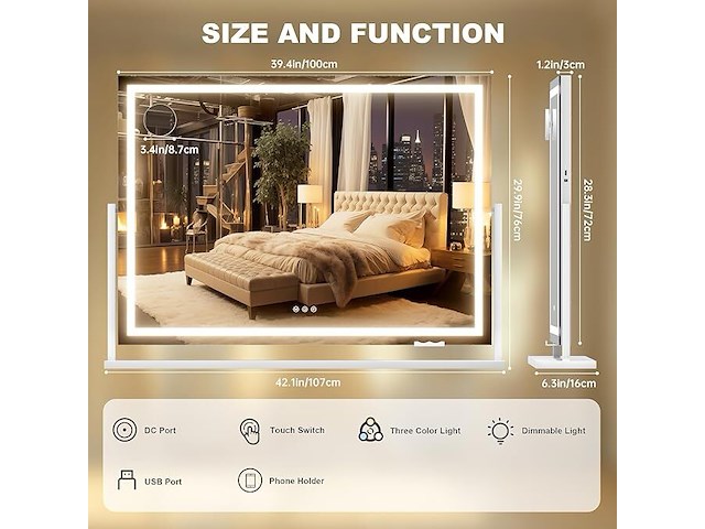 Hasipu make-upspiegel met verlichting (100 x 71,9 cm) - afbeelding 6 van  6