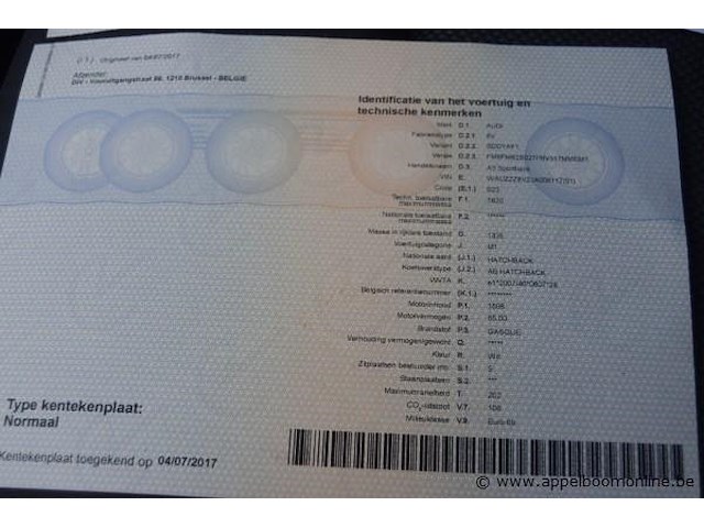 Hatchback audi, a3 sportback, wauzzz8v2ja006117, 1e insch 04/07/2017, 1598cm³, 85kw, diesel, euro 6b, 118661km, inschrijvingsbewijs deel i en ii, keuringsbewijs (geldig tot 28/04/2027), gelijkvormigheidsattest - afbeelding 11 van  21