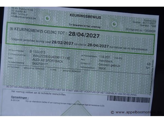 Hatchback audi, a3 sportback, wauzzz8v2ja006117, 1e insch 04/07/2017, 1598cm³, 85kw, diesel, euro 6b, 118661km, inschrijvingsbewijs deel i en ii, keuringsbewijs (geldig tot 28/04/2027), gelijkvormigheidsattest - afbeelding 13 van  21