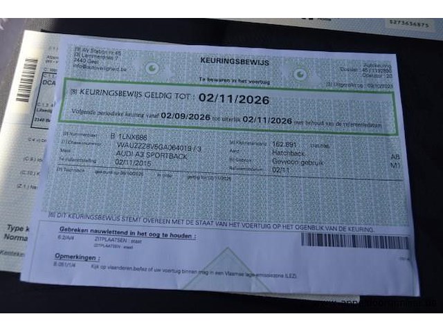 Hatchback audi, a3 sportback, wauzzz8v5ga064019, 1e insch 02/11/2015, 1598cm³, 81kw, diesel, euro 6b, 167900km, inschrijvingsbewijs deel i en ii, keuringsbewijs (geldig tot 02/11/2026), gelijkvormigheidsattest - afbeelding 11 van  20
