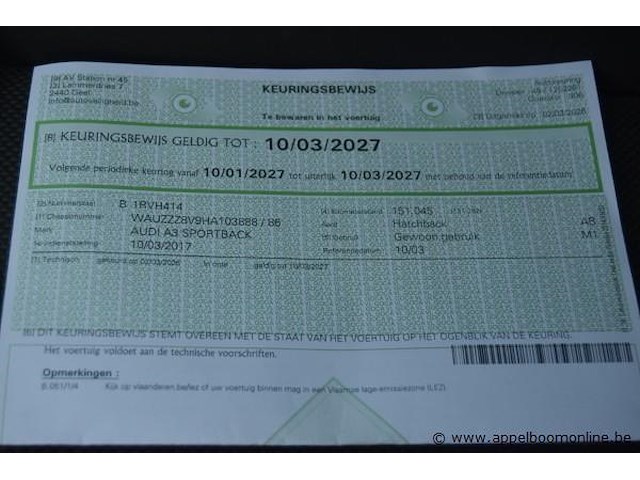 Hatchback audi, a3 sportback, wauzzz8v9ha103888, 1e insch 10/03/2017, 1598cm³, 81kw, diesel, euro 6b, 152695km, inschrijvingsbewijs deel i en ii, keuringsbewijs (geldig tot 10/03/2027), gelijkvormigheidsattest - afbeelding 13 van  20
