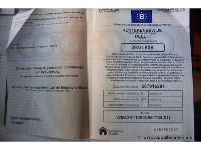 Hatchback bmw, 116i, wba2r11090v561705, 1e insch 30/05/2016, 1499cm³, 80kw, benzine, euro 6b, 192418km vlgs ltst keuring (2025), inschrijvingsbewijs deel i en ii, keuringsbewijs (geldig tot 04/04/2025), gelijkvormigheidsattest - afbeelding 3 van  14
