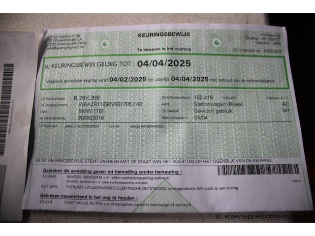 Hatchback bmw, 116i, wba2r11090v561705, 1e insch 30/05/2016, 1499cm³, 80kw, benzine, euro 6b, 192418km vlgs ltst keuring (2025), inschrijvingsbewijs deel i en ii, keuringsbewijs (geldig tot 04/04/2025), gelijkvormigheidsattest - afbeelding 5 van  14