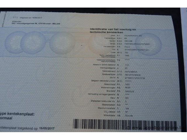 Hatchback volkswagen, polo, wvwzzz6rzhy233071, 1e insch 16/05/2017, 1422cm³, 66kw, diesel, euro 6b, 157511km, inschrijvingsbewijs deel i en ii, keuringsbewijs (geldig tot 16/05/2026), gelijkvormigheidsattest - afbeelding 14 van  22
