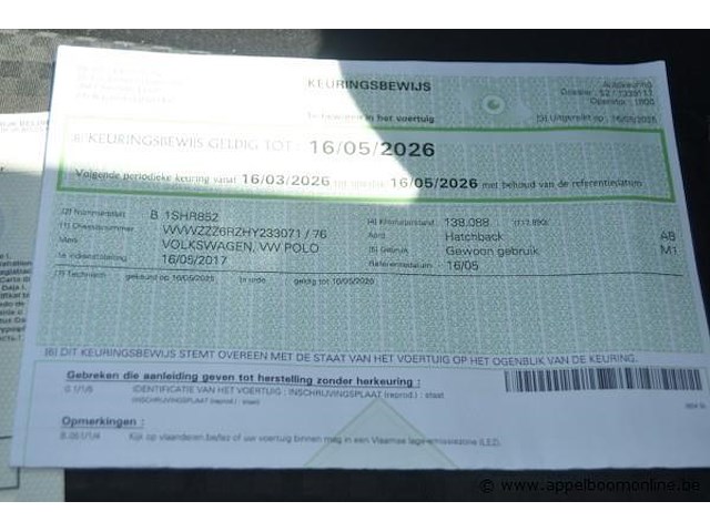 Hatchback volkswagen, polo, wvwzzz6rzhy233071, 1e insch 16/05/2017, 1422cm³, 66kw, diesel, euro 6b, 157511km, inschrijvingsbewijs deel i en ii, keuringsbewijs (geldig tot 16/05/2026), gelijkvormigheidsattest - afbeelding 15 van  22