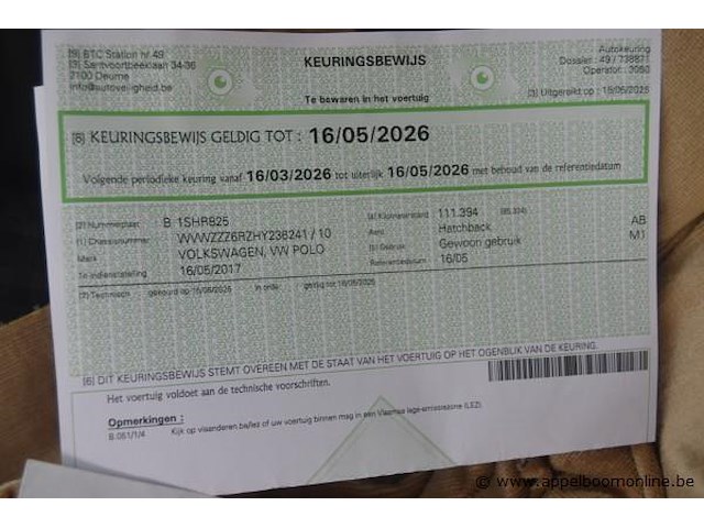 Hatchback volkswagen, polo, wvwzzz6rzhy236241, 1e insch 16/05/2017, 1422cm³, 66kw, diesel, euro 6b, 123430km, inschrijvingsbewijs deel i en ii, keuringsbewijs (geldig tot 16/05/2026), gelijkvormigheidsattest - afbeelding 9 van  19