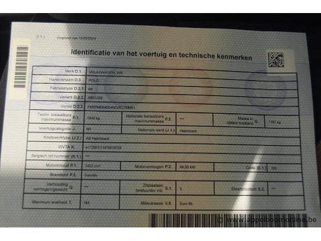 Hatchback volkswagen, polo, wvwzzz6rzhy236241, 1e insch 16/05/2017, 1422cm³, 66kw, diesel, euro 6b, 123430km, inschrijvingsbewijs deel i en ii, keuringsbewijs (geldig tot 16/05/2026), gelijkvormigheidsattest - afbeelding 11 van  19