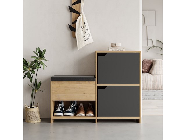 Haven shoe bench schoenenkast | 100% melamine | antraciet, eiken - afbeelding 1 van  4