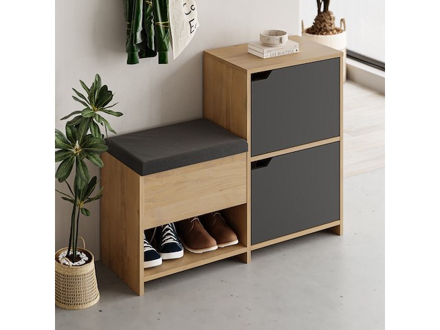 Haven shoe bench schoenenkast | 100% melamine | antraciet, eiken - afbeelding 2 van  4