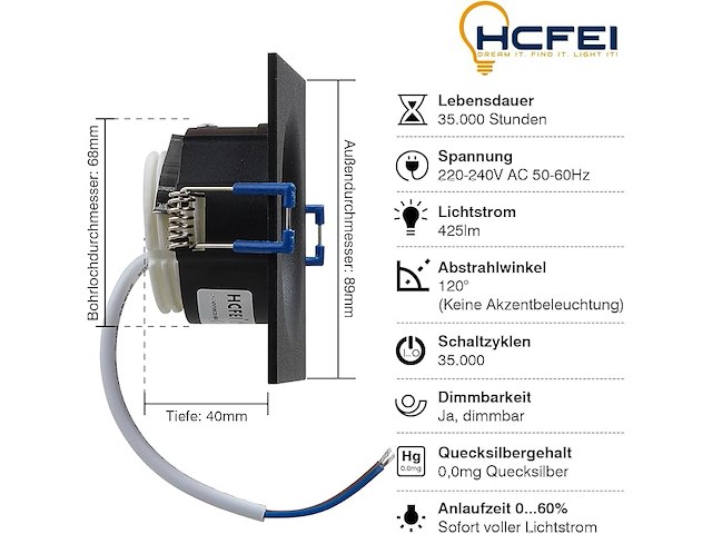 Hcfei led inbouwspots set hoekig - zwart 5 watt dimbaar - afbeelding 2 van  4