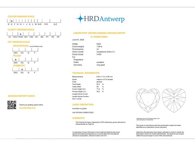 Heart diamant 1.04ct – e/vvs2 – hrd - afbeelding 3 van  3