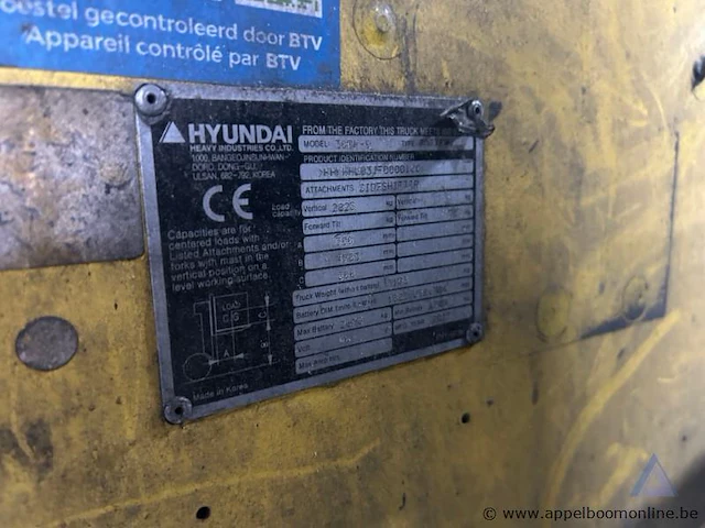 Heftruck hyundai 30bh-9, bedrijfsuren 3.216,6 u, hefvermogen 2.825 kg, bouwjaar 2015, 3.217 u, 6,5 m, tf/ts mast, elektrisch, serienummer hhhxhl93fb000128. werking niet gekend. - afbeelding 7 van  7