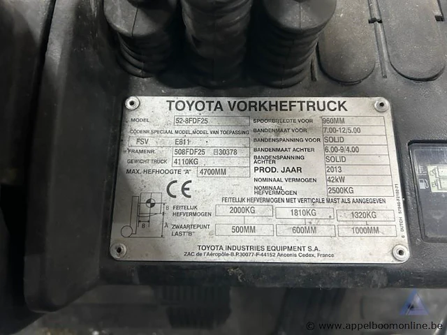 Heftruck toyota 52-8fdf25, bedrijfsuren 3.538,5 u, hefvermogen 2.500 kg, solid banden, bouwjaar 2013, 3.539 u, 2500 kg, 4,7 m, standaard mast, 4.110 kg, serienummer 508fdf2530378. werking niet gekend. - afbeelding 5 van  6