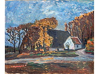 Hein van schuppen - hoeve tussen bomen - olie op doek - 59x79 cm