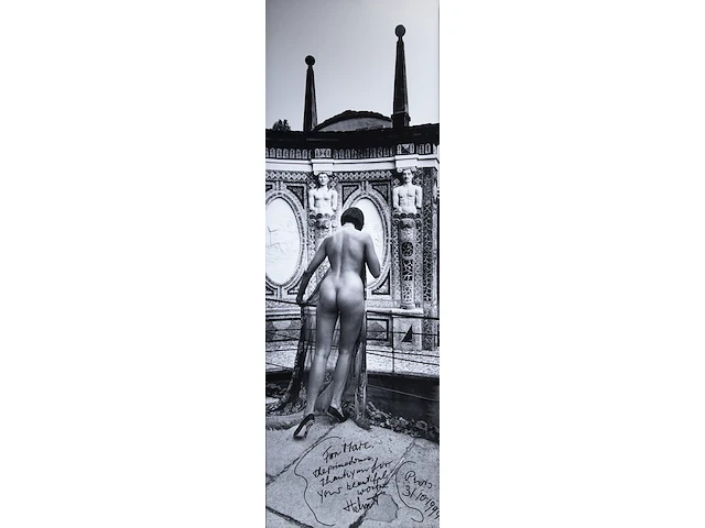 Helmut newton (1920-2004), 'panoramic nude, villa d'este', 1994, silver gelatin print, n° 2/2 200 x 70 cm. (78.73 x 27.55 in.) - afbeelding 1 van  6