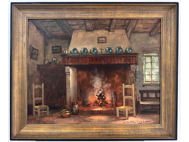 Henri joseph pauwels - interieur met haard - olie op doek - 65,5x82 cm - afbeelding 6 van  11