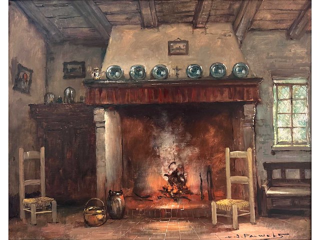 Henri joseph pauwels - interieur met haard - olie op doek - 65,5x82 cm - afbeelding 1 van  5