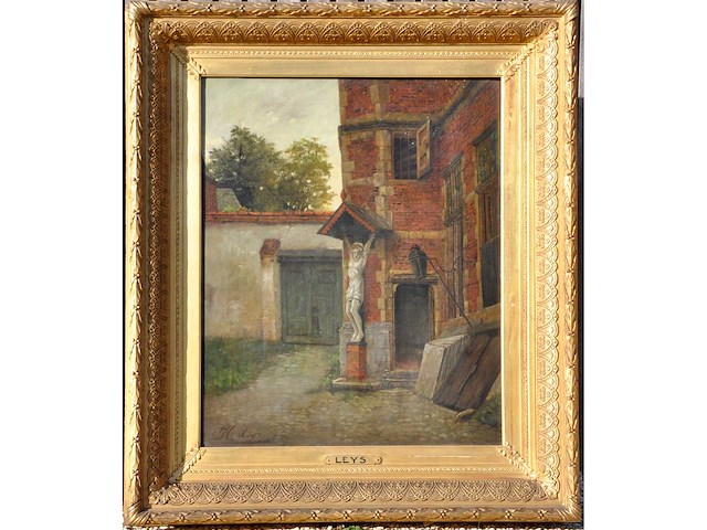 Henri leys - binnenplaats met beeldhouwwerk - olie op doek - 66x55 cm - afbeelding 1 van  7