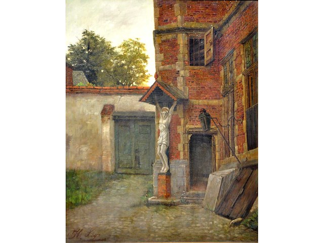 Henri leys - binnenplaats met beeldhouwwerk - olie op doek - 66x55 cm - afbeelding 2 van  7