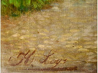 Henri leys - binnenplaats met beeldhouwwerk - olie op doek - 66x55 cm - afbeelding 3 van  7