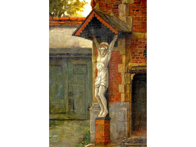 Henri leys - binnenplaats met beeldhouwwerk - olie op doek - 66x55 cm - afbeelding 4 van  7