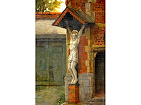 Henri leys - binnenplaats met beeldhouwwerk - olie op doek - 66x55 cm - afbeelding 4 van  7
