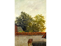 Henri leys - binnenplaats met beeldhouwwerk - olie op doek - 66x55 cm - afbeelding 5 van  7