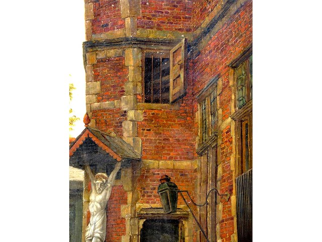 Henri leys - binnenplaats met beeldhouwwerk - olie op doek - 66x55 cm - afbeelding 6 van  7