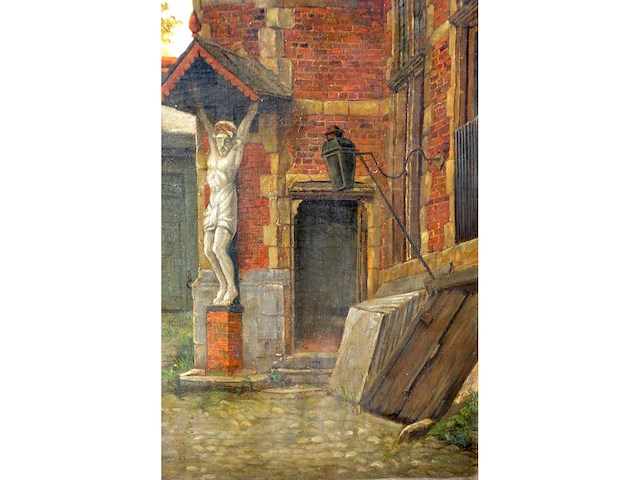 Henri leys - binnenplaats met beeldhouwwerk - olie op doek - 66x55 cm - afbeelding 7 van  7