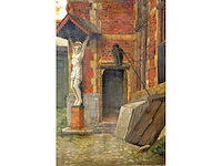 Henri leys - binnenplaats met beeldhouwwerk - olie op doek - 66x55 cm - afbeelding 7 van  7