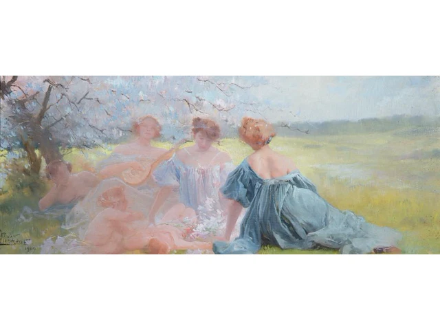 Henri privat-livemont (1861-1936), picknicking ladies, 1909, oil on panel 24 x 55 cm. (9.44 x 21.64 in.), frame: 27.5 x 59 cm. (10.83 x 23.23 in.) - afbeelding 1 van  5