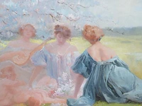 Henri privat-livemont (1861-1936), picknicking ladies, 1909, oil on panel 24 x 55 cm. (9.44 x 21.64 in.), frame: 27.5 x 59 cm. (10.83 x 23.23 in.)