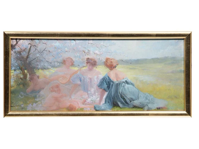 Henri privat-livemont (1861-1936), picknicking ladies, 1909, oil on panel 24 x 55 cm. (9.44 x 21.64 in.), frame: 27.5 x 59 cm. (10.83 x 23.23 in.) - afbeelding 2 van  5