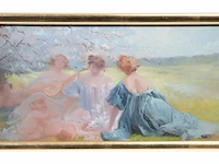 Henri privat-livemont (1861-1936), picknicking ladies, 1909, oil on panel 24 x 55 cm. (9.44 x 21.64 in.), frame: 27.5 x 59 cm. (10.83 x 23.23 in.) - afbeelding 2 van  5