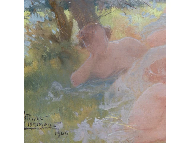 Henri privat-livemont (1861-1936), picknicking ladies, 1909, oil on panel 24 x 55 cm. (9.44 x 21.64 in.), frame: 27.5 x 59 cm. (10.83 x 23.23 in.) - afbeelding 4 van  5