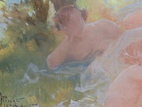 Henri privat-livemont (1861-1936), picknicking ladies, 1909, oil on panel 24 x 55 cm. (9.44 x 21.64 in.), frame: 27.5 x 59 cm. (10.83 x 23.23 in.) - afbeelding 4 van  5