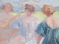 Henri privat-livemont (1861-1936), picknicking ladies, 1909, oil on panel 24 x 55 cm. (9.44 x 21.64 in.), frame: 27.5 x 59 cm. (10.83 x 23.23 in.) - afbeelding 5 van  5