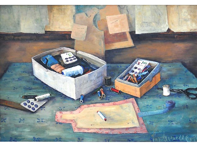 Henri vandermoere - stilleven met naaidoos - olie op doek - afbeelding 2 van  7