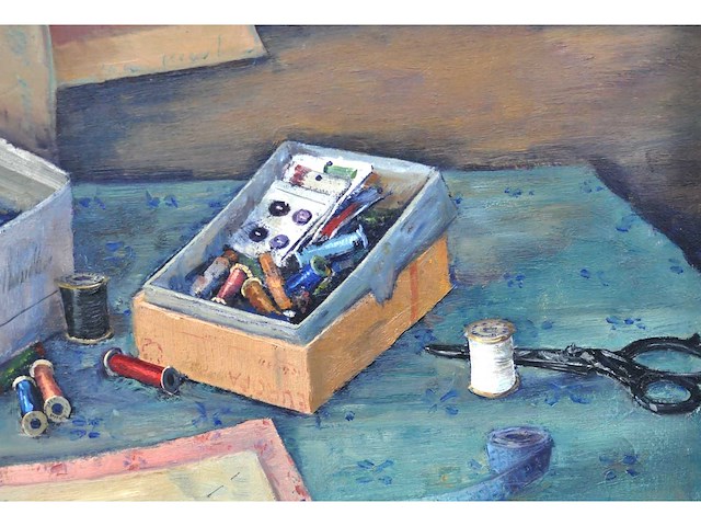 Henri vandermoere - stilleven met naaidoos - olie op doek - afbeelding 5 van  7